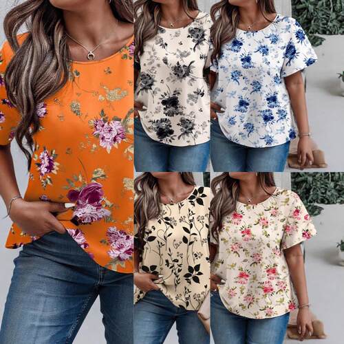 【Plus Size】 Floral Print Curved Hem Top Casual Short Sleev