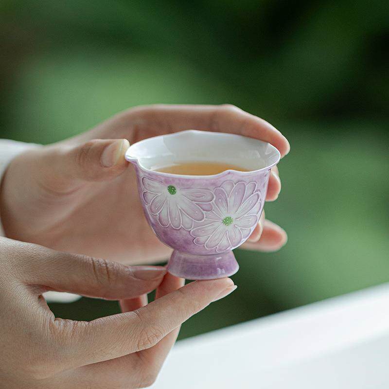 弥言豆蔻紫手绘雏菊茶杯手工陶瓷花口主人杯家用品茗杯复古高足杯
