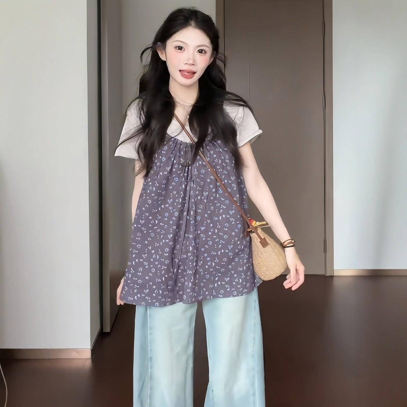 大尺码胖妹妹韩系风假两件碎花两件套女夏季新款巨好看的漂亮上衣