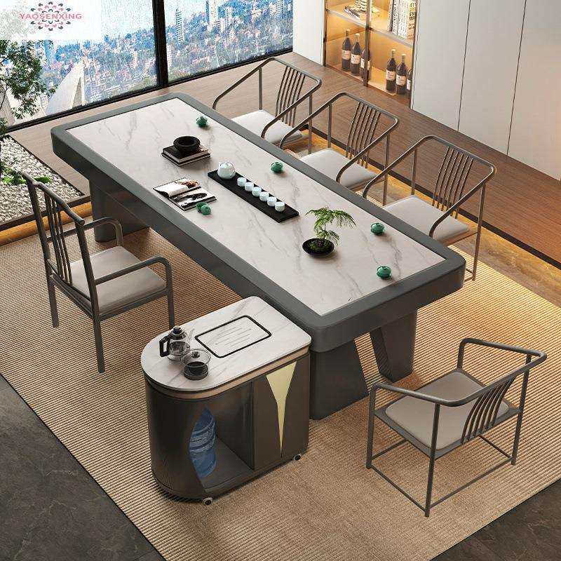 办公桌泡茶会客会议桌长方形茶桌椅组合轻奢岩板铁艺现代极简家用