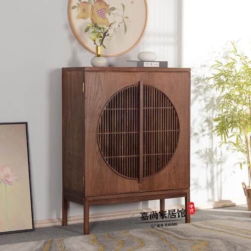 中式老榆木免漆实木明月柜餐边储物收纳柜玄关柜门厅鞋柜禅意家俱