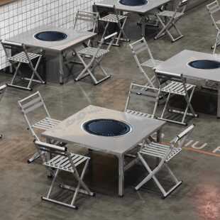 商用炭火烤肉桌不锈钢户外可折叠烧烤大排档摆摊桌椅地摊火锅桌子