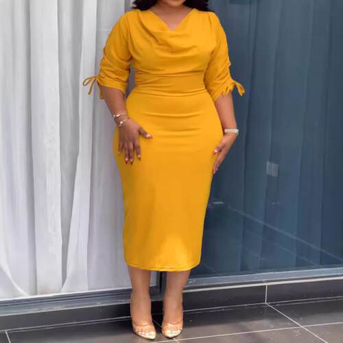 Large size women's dress, Asian style drawstring slit