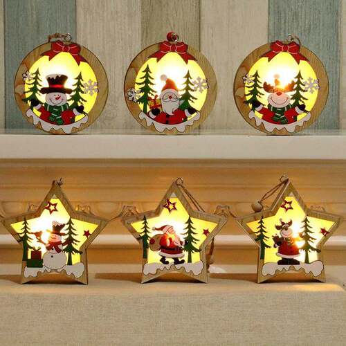圣诞Christmas tree decorations Wooden luminous pendant gift