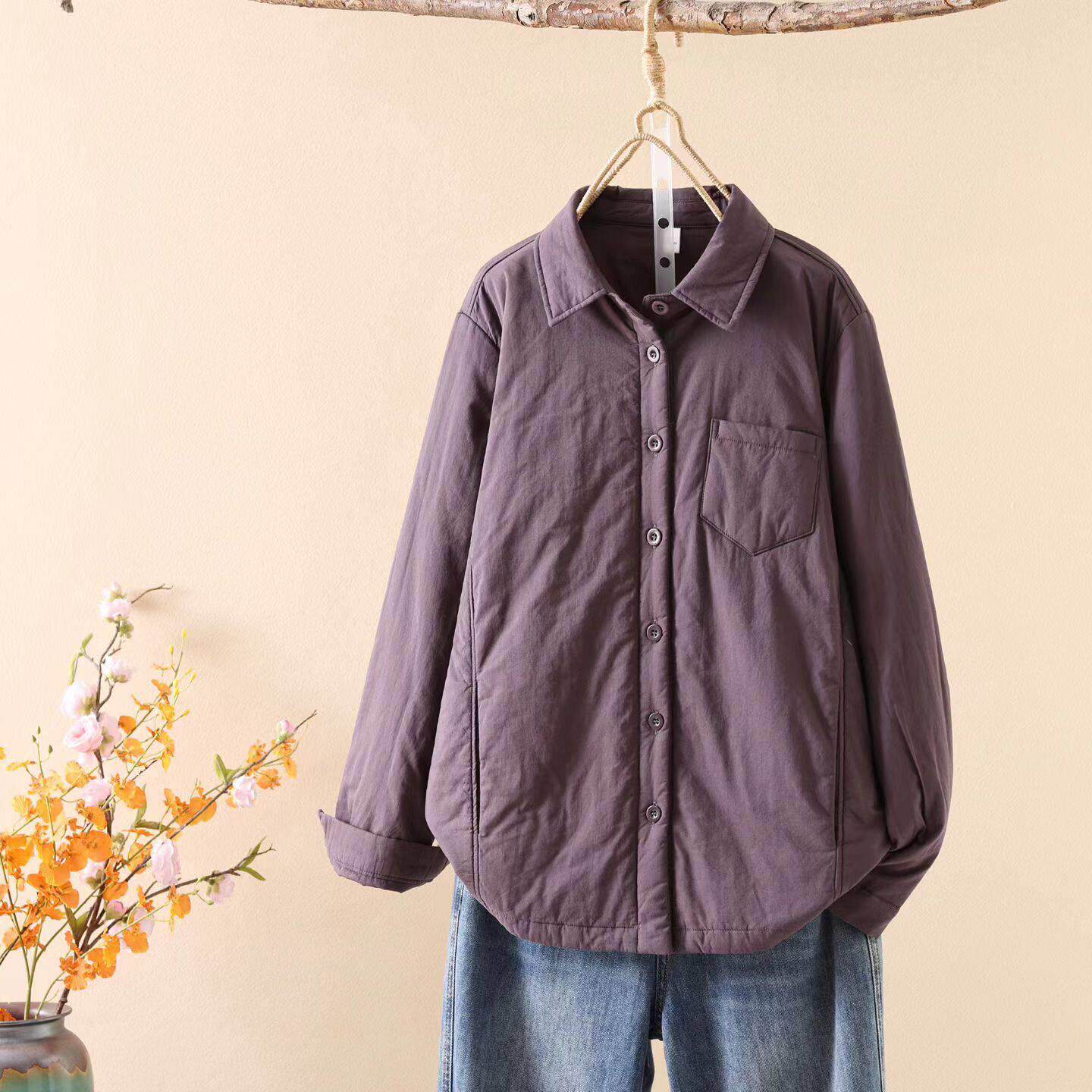 双插兜简约大气方领尖领夹棉衬衣外套女2025秋冬新款衬衫宽松棉服