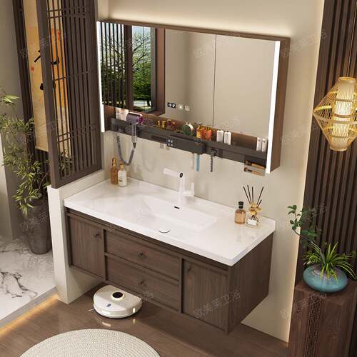 新款中古风浴室柜组合陶瓷一体盆骨骼线卫生间洗漱台洗脸盆洗手盆