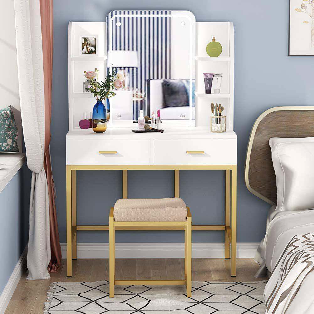 带照明镜子和凳子带9LED灯抽屉储物架化妆台女性橱柜梳妆台套装潮