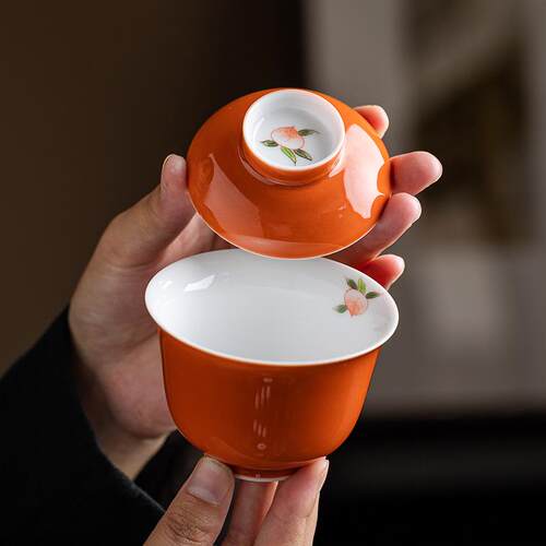 桃红釉粉彩茶具三才盖碗茶杯单个高档陶瓷功夫泡茶茶碗带盖不烫手