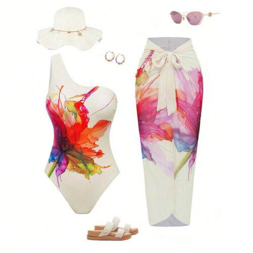 Women'S Long Skirt Swimsuit Set, Floral Print Tie Back