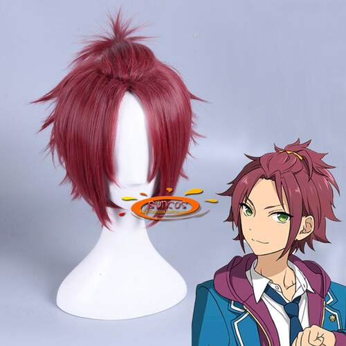 suncos  偶像梦幻祭 衣更真绪 暗红色反翘造型款cos假发 发料