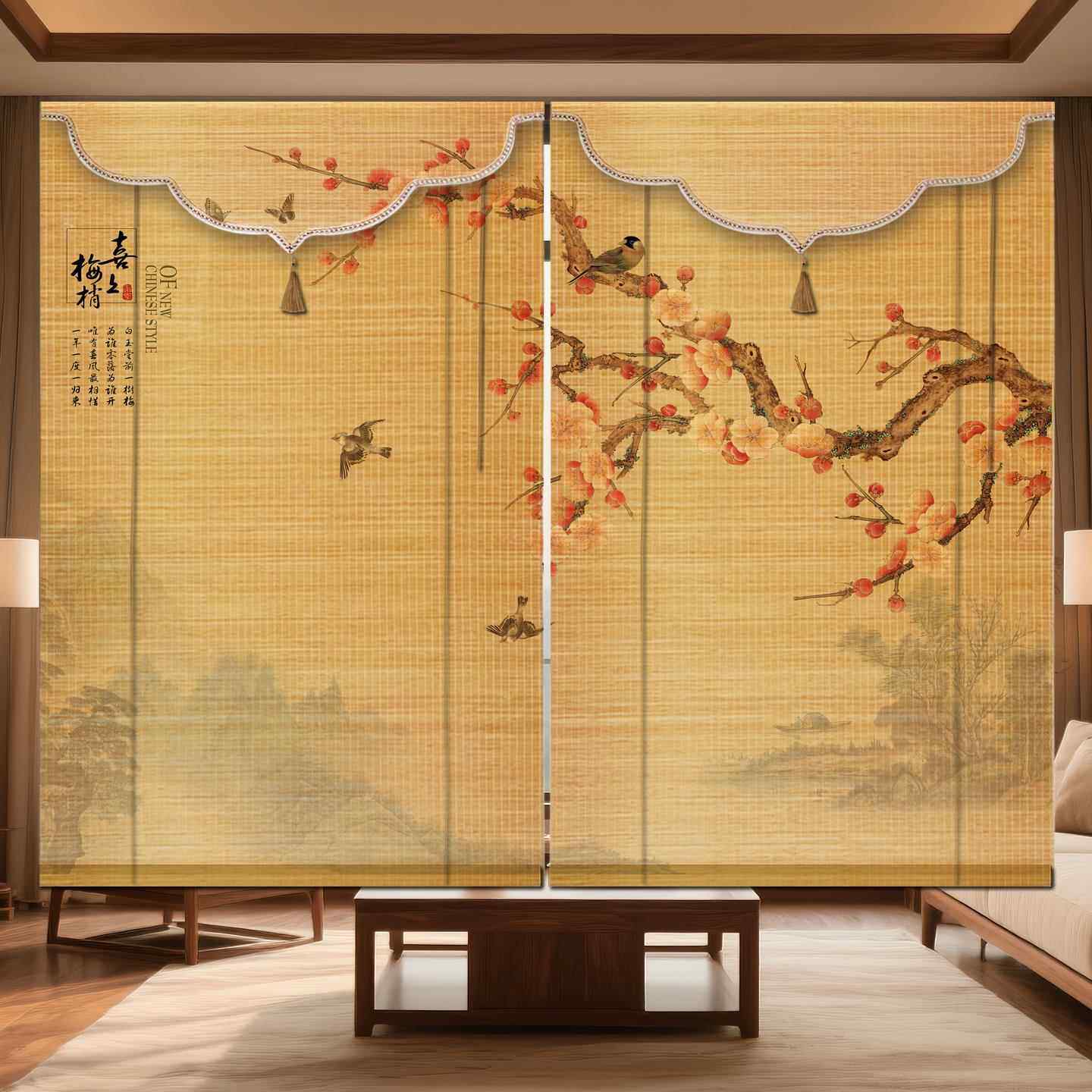 定制印花竹帘卷帘隔断背景墙装饰升降竹帘窗帘带图案茶室阳台书房