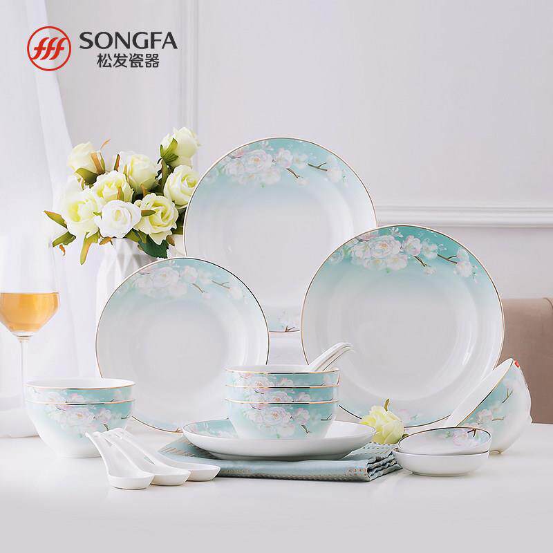 松发songfa桃花缘盘碗碟轻奢金边家用中式餐具组合陶瓷餐具套组