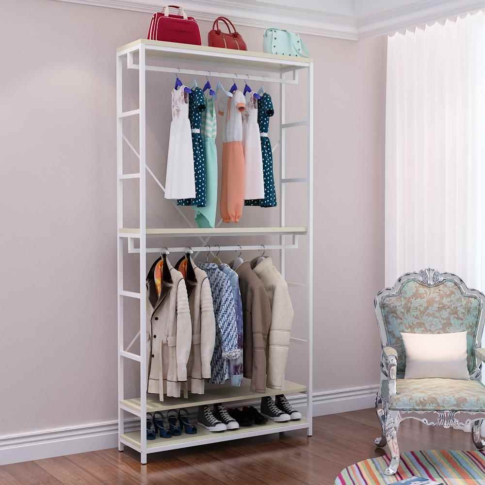 高档钢木衣柜多层木收纳简衣橱落地现代铁艺双层易衣柜经济型组合