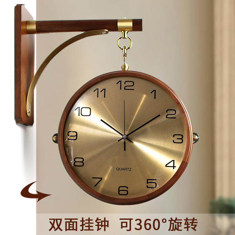 新中式双面挂钟中古新款时钟转角拐角装饰客厅挂墙钟表覆古拐角钟
