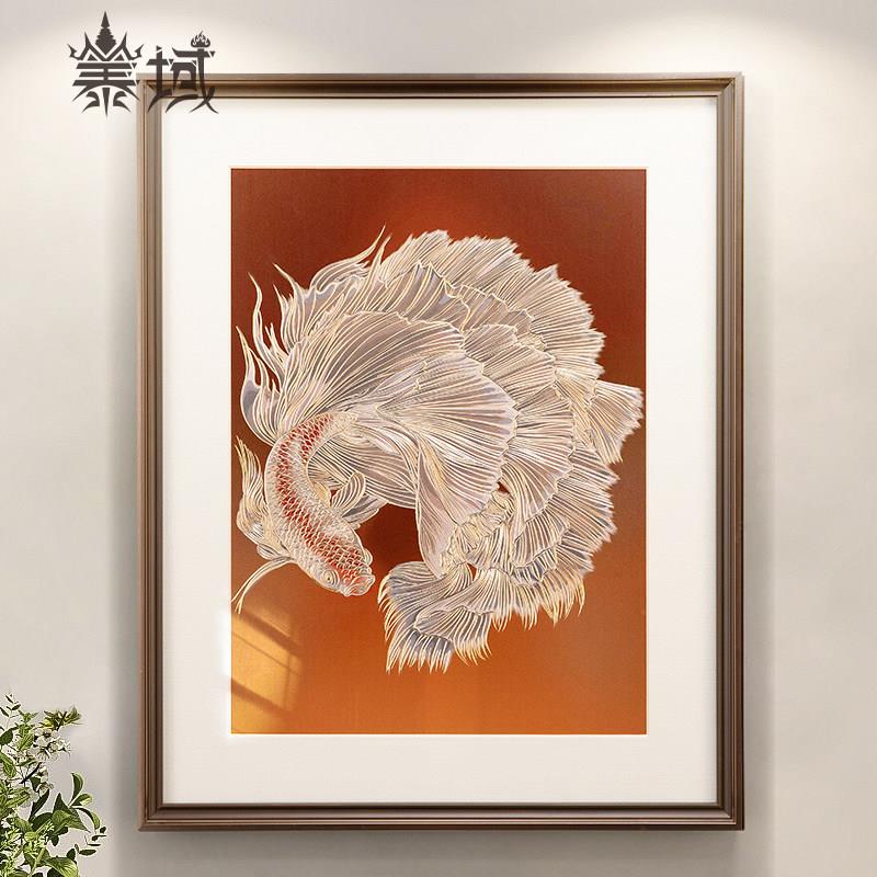 手工錾刻 铜雕画《锦鲤》书房玄关竖版挂画 现代样板房装饰画