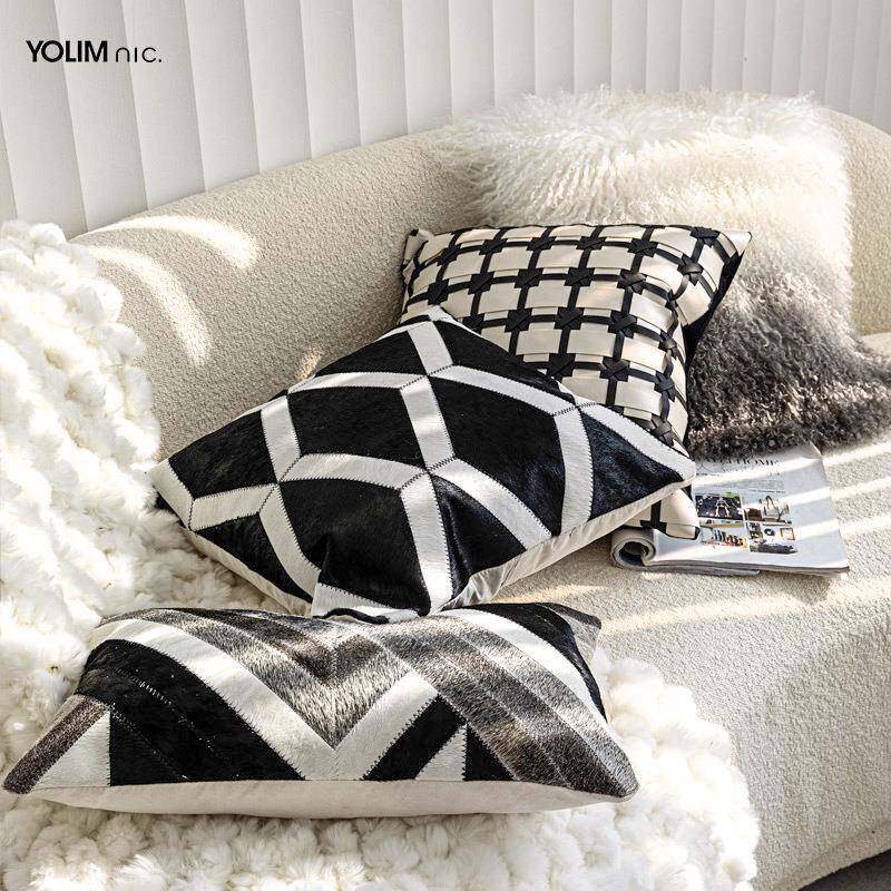 直销新款现代简约高级感牛皮拼接抱枕客厅沙发腰枕黑白色样板间靠