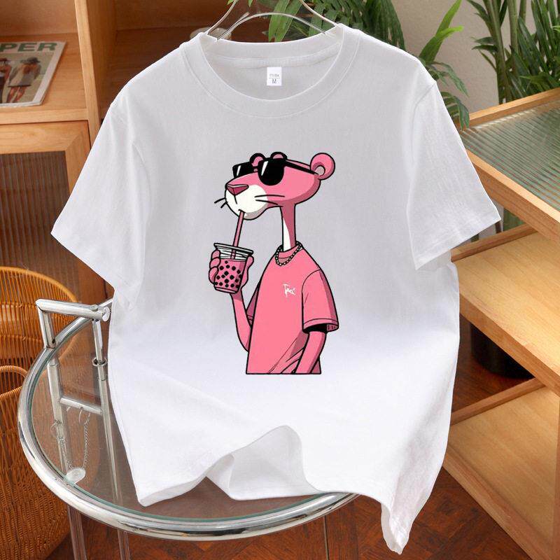 Women's Graphic T-Shirt, Panther Drinking Boba Bubble Tea