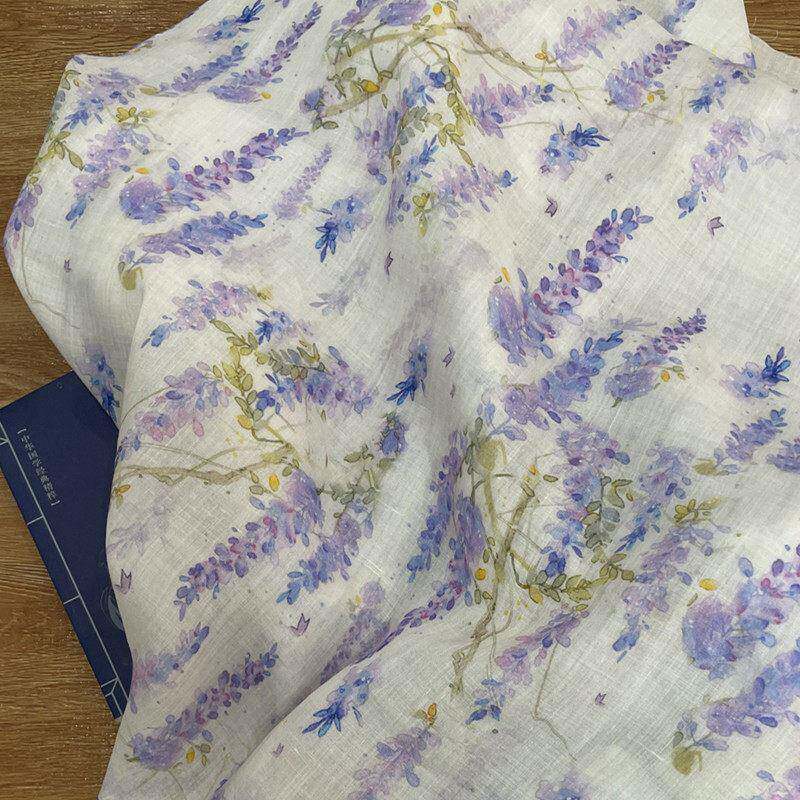 布久以逅麻料旗袍田园小清新印花苎麻面料袍子连衣裙布料  薰衣草