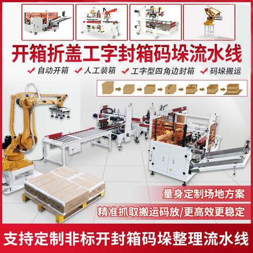 全自动高速纸箱开箱装箱封箱流水线折盖折盒理料捆扎码垛打包机