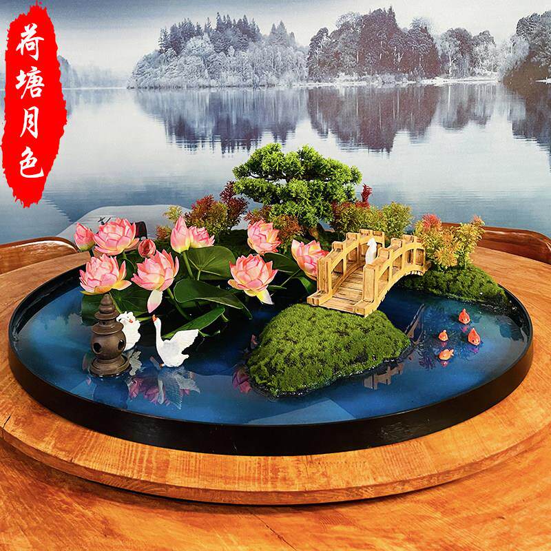 酒店圆桌转盘中间摆件新中式桌摆花高档仿真花餐厅景观装饰餐桌花