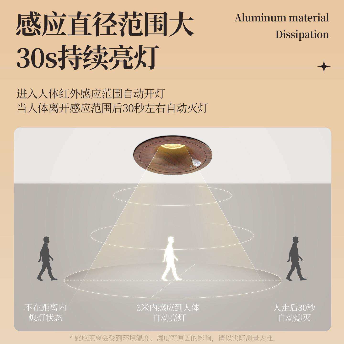 智能人体感应射灯嵌入式中古风胡桃木纹新中式过道走廊深防眩筒灯