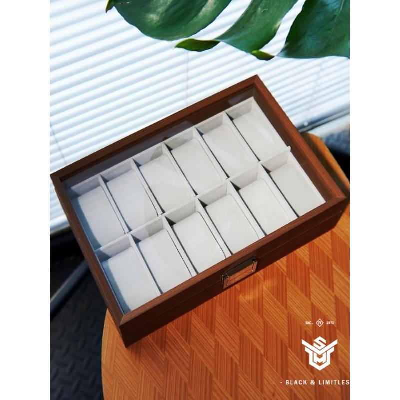 手表收纳盒12格黑胡桃木纹高档木制表盒机械表展示系列灰色衬里