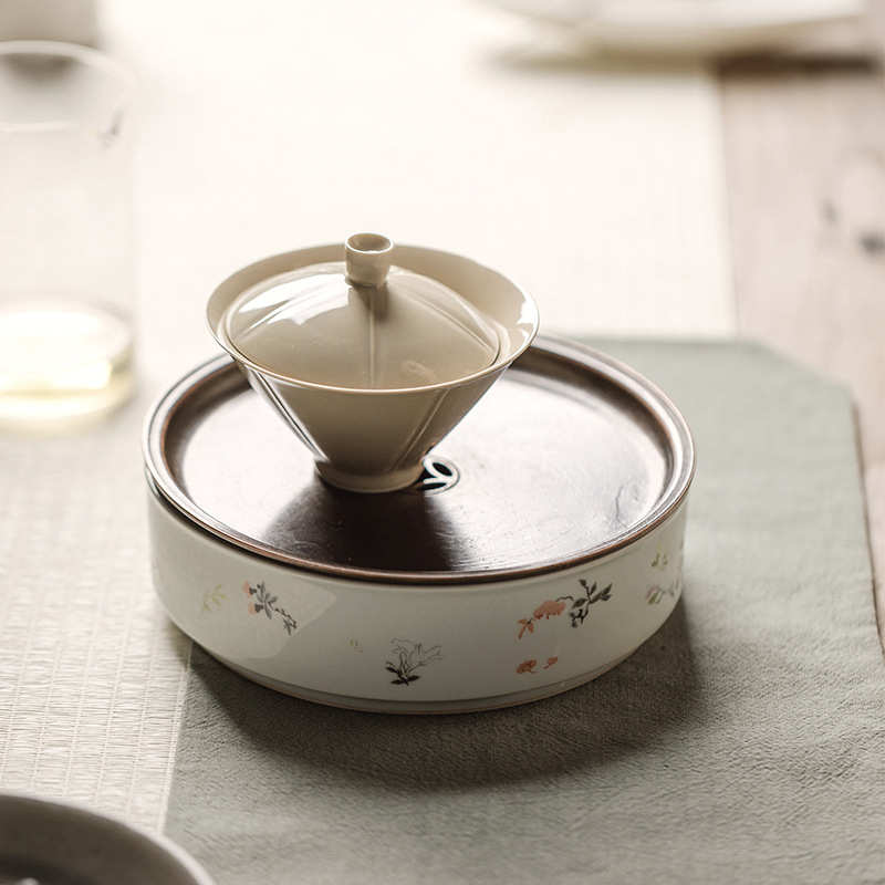 束刻拟古青瓷手工小碎花圆满壶承功夫茶具茶道配件茶台带铜盖蓄水