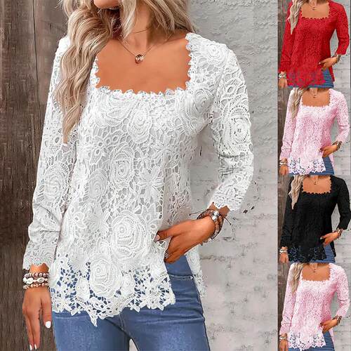 Type collar square collar lace base shirt long sleeved