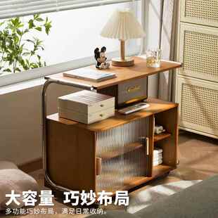#可24WJJ255移推动沙发边几边柜玻中古风璃门床头侧边柜小茶几小
