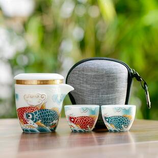 羊脂玉白瓷一壶二四杯龙鱼快客杯单人便携式 收纳包 旅行茶具小套装