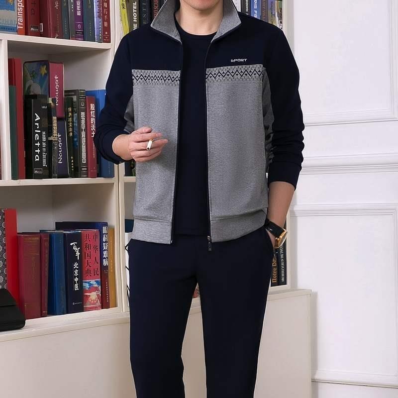 中老年男士运动服套装春秋季宽松时尚休闲爸爸装加肥大码三件套棉