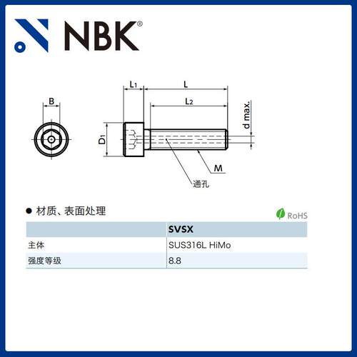 NBK SVSX-88 真空装置用螺丝高强度不锈钢内六角圆柱头通孔型螺栓