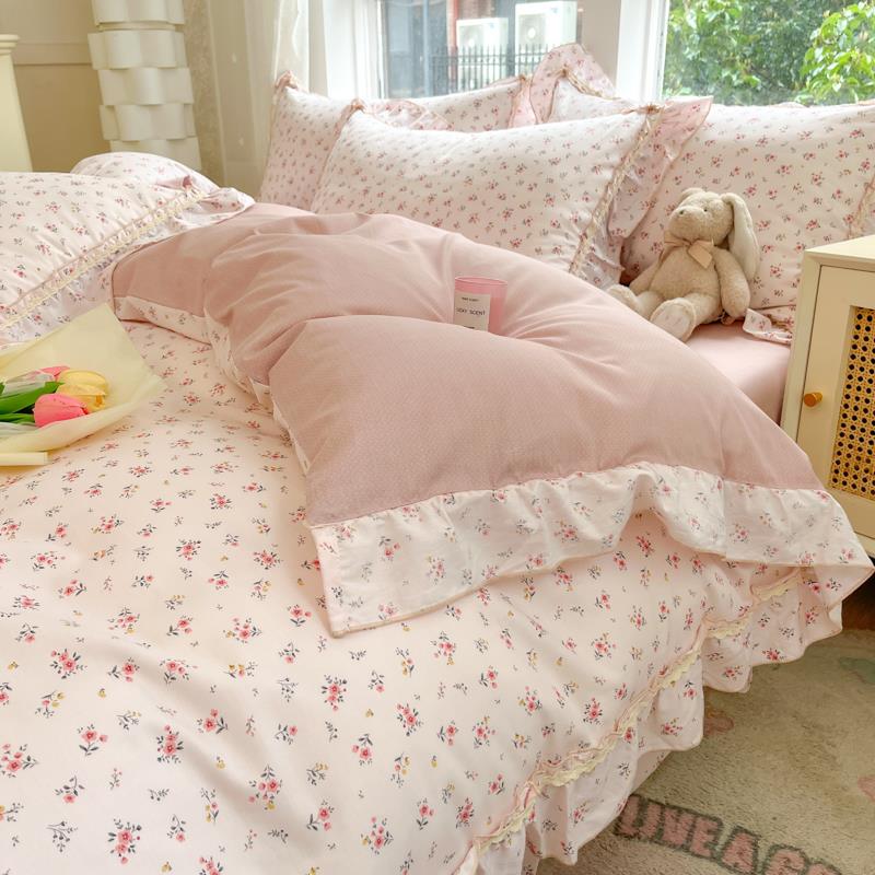 高档纯韩版田小碎花四园件套全棉少女心叶边被套棉小荷清新床上用