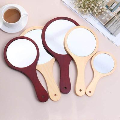 Round Wood Vintage Hand Mirror Makeup Vanity Mirror Portable