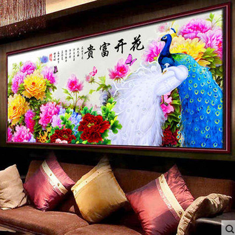 蒙娜丽莎十字绣丝线花开富贵孔雀 新款印花满绣十字绣孔雀开屏