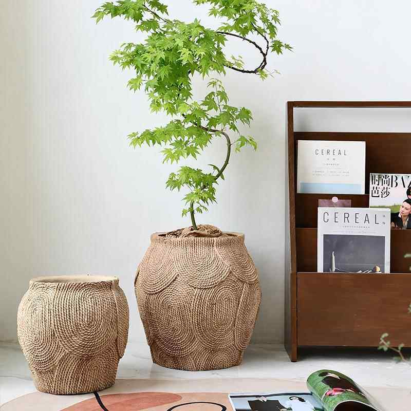 仿蒲草水泥花盆编织草编藤编日式绿植大号落地盆栽复古原木风日式