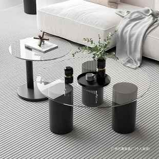 网红现茶几家用厅岩客板PWS矮桌子轻奢化玻璃圆形钢边几小户型代