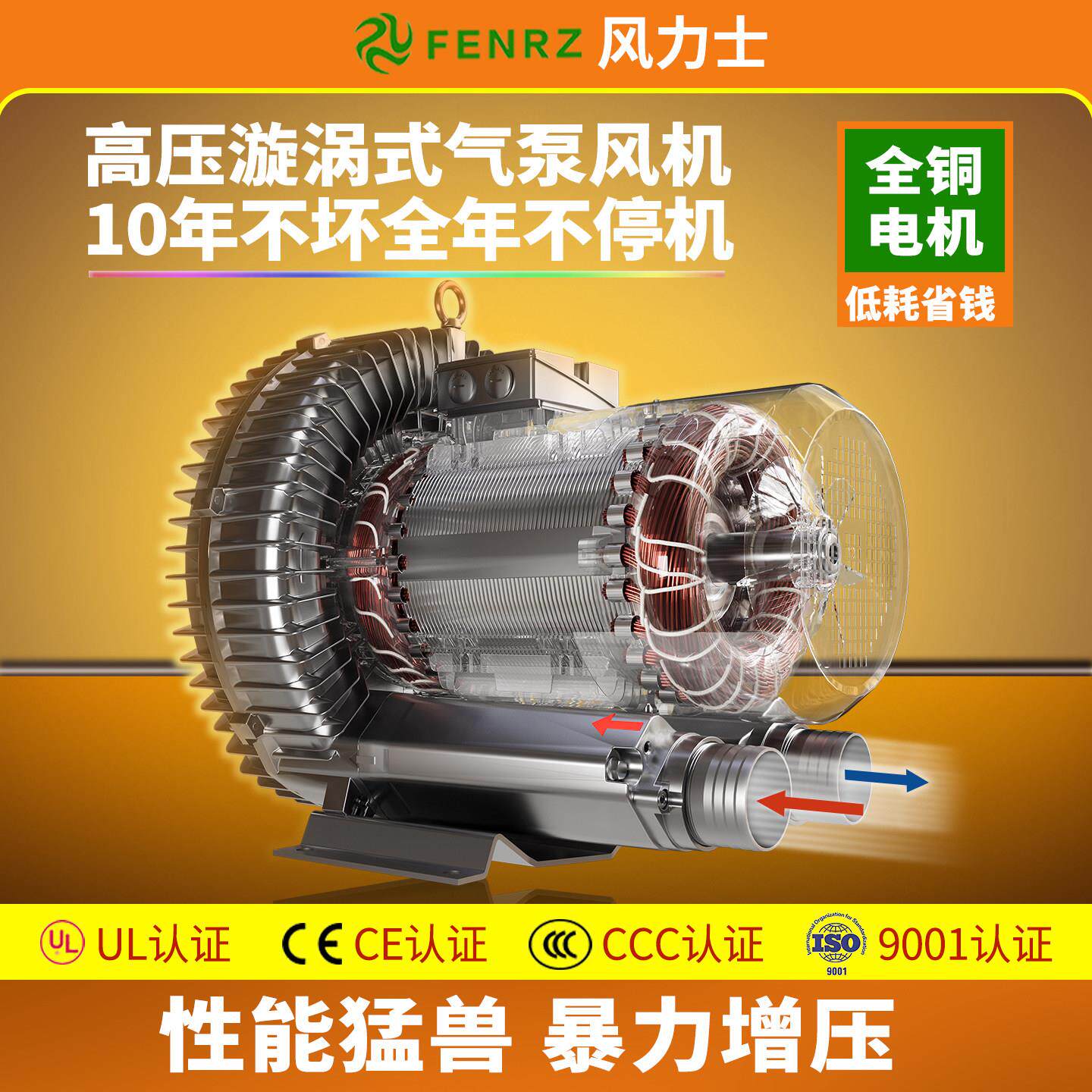 漩涡式高压气泵工业强力鼓风机鱼塘增氧抽真空吸附全铜静音大功率