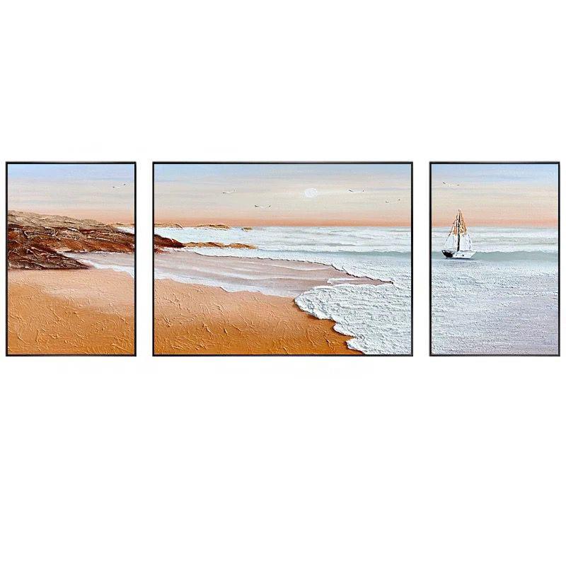 纯手绘油画沙滩海浪客厅沙发装饰画立体肌理三联画现代海景大三拼