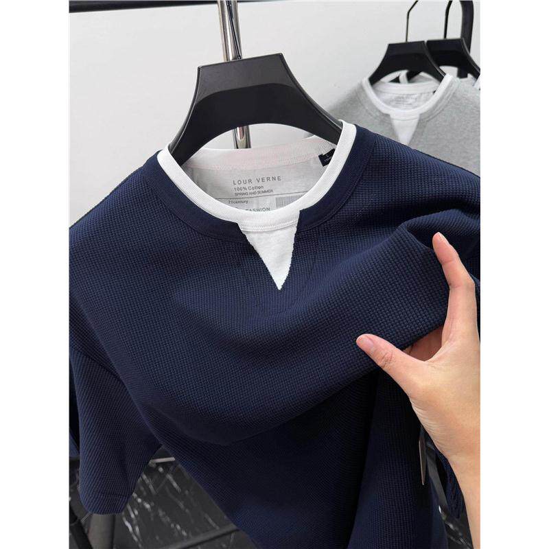 MAROLIO~高端华夫格双层领撞色短袖T恤男夏叠穿假两件层次感宽松