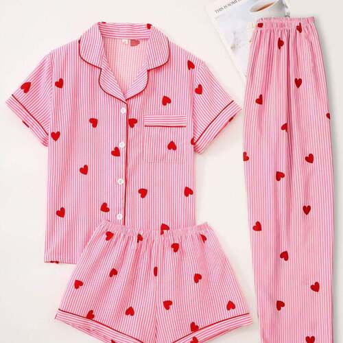 Women Bubble Pleated Set Cherry Print Sleepwear Suit Sleeve