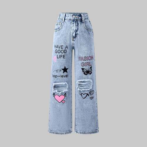 Girls' Snowflake Washed Ripped Pants Loose Fit with Letter