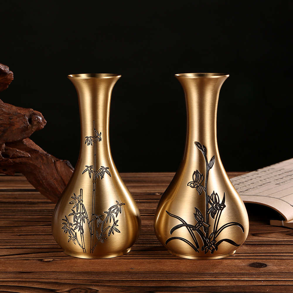 复古纯黄铜兰花竹子花瓶摆件客厅插花干花花束现代中式家居装饰