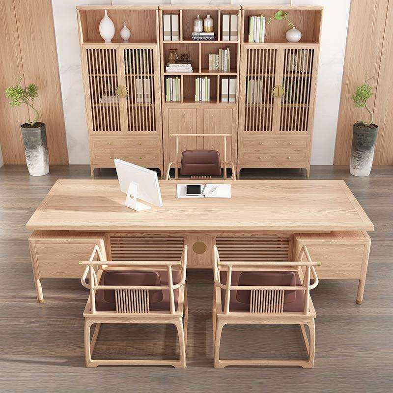 新中式办公桌椅组合实木老板桌工作台大气总裁桌大班台办公室书柜