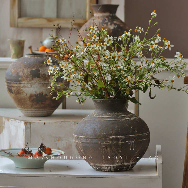 茶室复古风出土侘手工陶罐陶做仿陶器落地粗禅意景德镇寂老旧花瓶