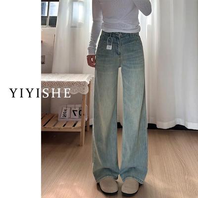 复古蓝阔腿牛仔裤女2025春季新款高腰设计感显瘦垂感宽松直筒裤子