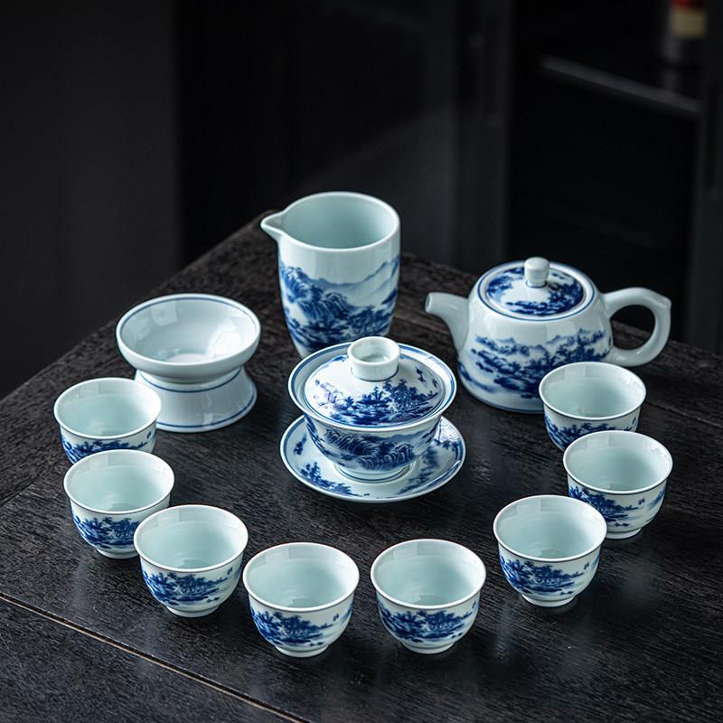 青花瓷功夫茶具套组家用陶瓷茶壶盖碗茶杯轻奢高档喝茶中式礼盒装