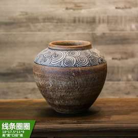 粗陶复古台面花瓶，景德镇工业风花插器土陶罐，创意陶瓷客厅装饰摆件