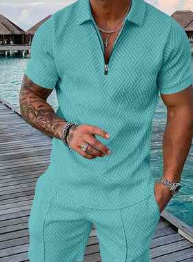 Men's zipper lapel shirt short sleeved set