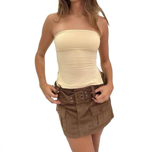Y2K Women Tube Tops Solid Color Slit Strapless Tank Tops